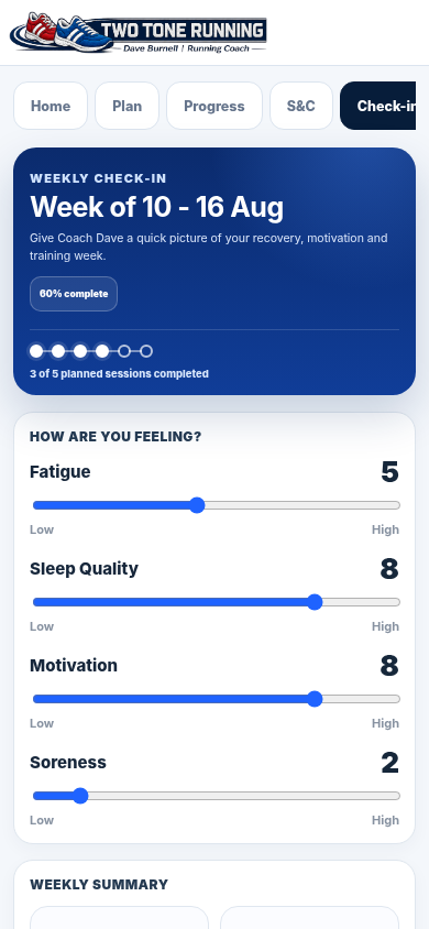 Two Tone Running weekly check-in screen