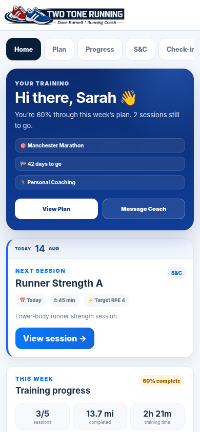 Two Tone Running athlete home screen showing weekly progress, next session and coaching information