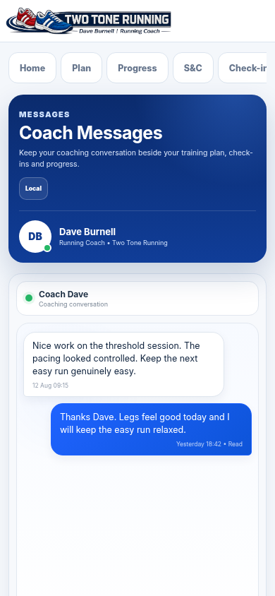 Two Tone Running athlete messages screen