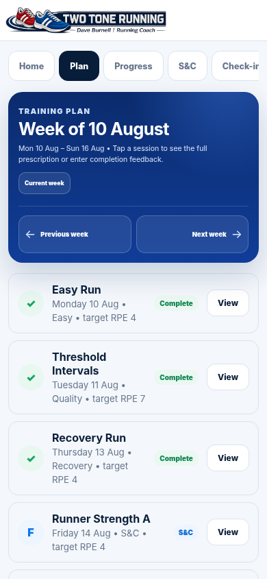 Two Tone Running training plan screen