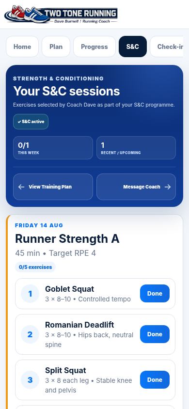 Two Tone Running strength and conditioning screen